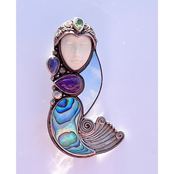 925 Silver Sajen Mermaid PIN PENDANT Abalone Shell Multi Gemstone Bali Goddess - Picture 6 of 10